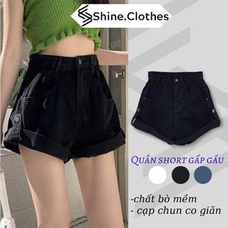 Quần short nữ ống rộng cạp cao SHINE CLOTHES chun eo , quần đùi jeans kaki có cúc xắn gấu 2 màu đen trắng