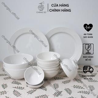 Bộ bát đĩa ăn cơm gia đình đẹp 12 món cơ bản - Set chén dĩa sứ trắng dễ thương HCB12