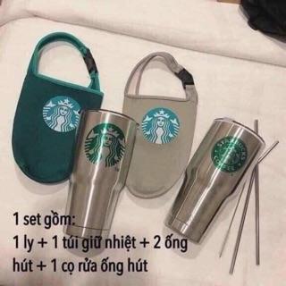 LY GIỮ NHIỆT STARBUCK kèm 2 ống hút inox, túi giữ nhiệt và dụng cụ cọ rửa