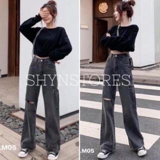 Quần jeans nữ Shynstores - quần bò suông nữ unisex dáng dài rách gối cạp cao màu xám freeship ! i