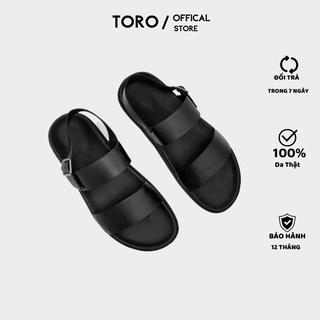 Dép sandal nam da bò cao cấp quai ngang đế cao su non màu đen TORO - Q07