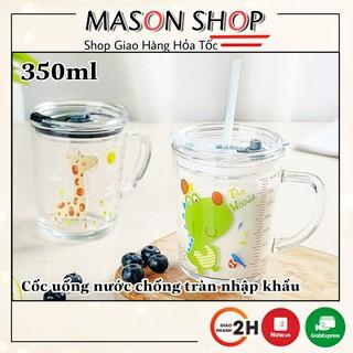 CỐC UỐNG NƯỚC CHO BÉ có ống hút 350ml 400ml/ LY THỦY TINH CHIA VẠCH CÓ QUAI nắp chống tràn an toàn đẹp dễ thương