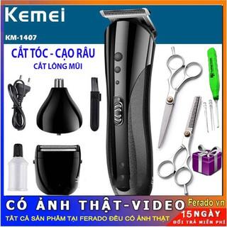 Tông Đơ Kemei KM-1407 Cắt Tóc, Cạo Râu, Tỉa Lông Mũi TẶNG bộ kéo cắt tỉa lấy dáy tai có đèn