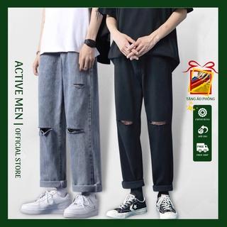 Quần Jean Nam Rách Gối Dáng Baggy Ống Suông Rộng Đen Rách R03, Chất Bò Jeans Cao Cấp Nam, Nữ Unisex Hot trend 2022