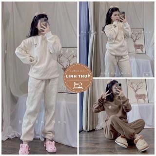 Bộ nỉ thêu chó shiba dài tay nữ - Set đồ ngủ quần ống bo gấu kèm áo sweater màu trắng, nâu mặc ở nhà đẹp ulzzang