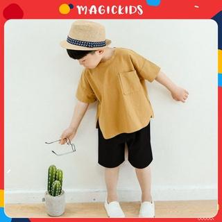 Bộ đồ bé trai cộc tay vải đũi có túi ngực quần đùi cho trẻ mặc đi chơi MAGICKIDS Quần áo trẻ em BR21003