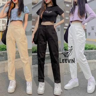 Quần Baggy Nữ Kaki Lưng Thun Ống Suông Cạp Cao Ulzzang - Kiểu quần kaki nữ lưng cao baggy màu trắng đen be Leevin Store