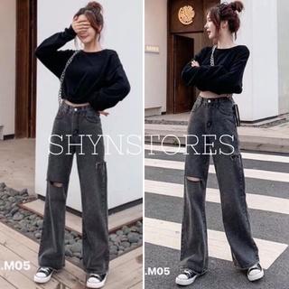 Quần jeans nữ Shynstores - quần bò suông nữ unisex dáng dài rách gối cạp cao màu xám freeship