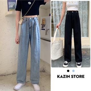 Quần Jeans Ống Rộng Lưng Cao Ulzzang Gài Eo 2 Màu Đen - Xanh QD023