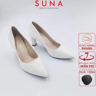 Giày cao got nữ công sở da lì mũi nhọn gót trụ cao 7cm thanh lịch sang trọng SUNA - D803