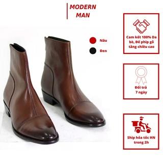 (Bốt Da Nam)Zip Boots Kéo Khóa Đế Phíp Gỗ Cao 4.5CM Da Bò Tấm - Bảo Hành 12 Tháng