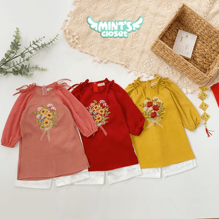 Áo dài truyền thống thêu hoa phối quần lụa trắng cho bé gái size từ 1 2 3 4 tuổi MINTSCLOSET Mint's Closet - GS1035