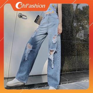 Quần Jeans Nữ Ống Suông Phối Rách Cao Cấp OHS3181