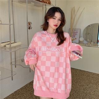 Áo sweater tay dài dáng rộng sọc ca rô phối màu sắc tương phản trẻ trung thời trang dành cho nữ