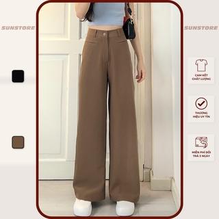 Quần ống rộng nữ lưng cạp cao dáng suông dài túi mổ culottes cài nút chất rũ màu đen và nâu THRE PANT