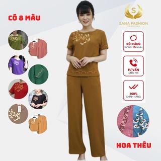 Đồ Bộ Trung Niên Mặc Nhà Cao Cấp Cho Mẹ Bộ Ống Rộng 9 Tấc Thêu Cành Mai bigsize Có size Đại CM01