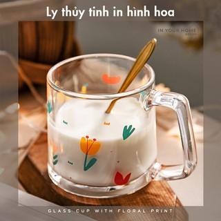 Cốc ly thủy tinh in hình dễ thương, bộ ly uống nước decor có quai cầm