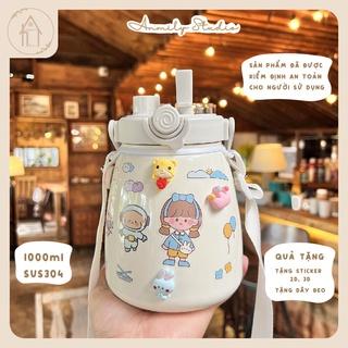 Bình giữ nhiệt chân không cute cao cấp ANMILY 1000ml có ống hút vật liệu SUS304 chất lượng cao | tặng sticker 2D, 3D