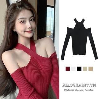 Xiaozhainv Áo croptop dệt kim tay dài trễ vai màu sắc thời trang cho nữ