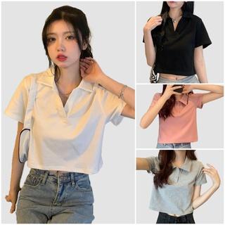 Áo croptop polo nữ có cổ tay ngắn chất thun cotton màu trắng đen ghi hồng, Ao crop top Geleva GE761