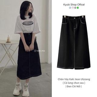 Chân váy jeans kaki ulzzang cạp chun (Có bigsize) - chân váy bò dáng midi lưng cao hàn quốc màu đen chỉ nổi KYUBI CV025