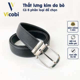 Thắt lưng nam Da Bò Vicobi, VÂN CHỈ TRẮNG dạng kim xỏ 3,3cm x 115cm, phù hợp quần vải đi chơi, sự kiện, đi làm