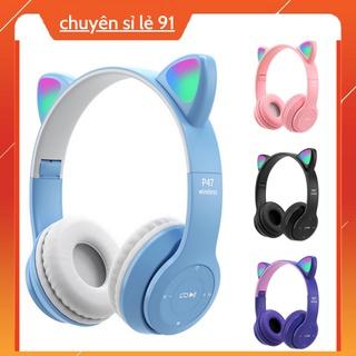 Tai Nghe Mèo P47M. Mz47 Bluetooth Chụp Tai , Headphone P47m Dễ Thương Có Mic,Âm Bass Mạnh Mẽ Dung Lượng Pin Trâu