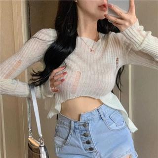 【AGA & Hàng giao ngay】 Áo Croptop Dệt Kim Tay Dài Chống Nắng Thiết Kế Thời Trang Cho Nữ