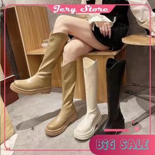 Bốt đùi đế răng cưa nữ giày Boots da mềm khóa sau cao cấp boot mũi tròn boost thời trang đế độn 2022