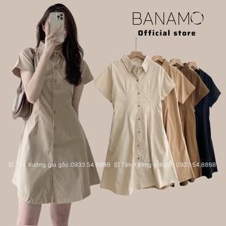 Đầm váy nữ basic Banamo fashion cổ sơ mi cài cúc chiết eo lưng chun cộc tay nhiều màu 5915