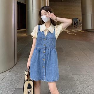 Đầm Yếm Denim Mỏng Thời Trang Mùa set yếm váy yếm bò nữ đầm Set Đầm Tay Phồng Chất Liệu Denim Phong Cách Hàn Quốc