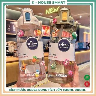 Bình nước 2 lít có chia vạch thể thao cute có ống hút 1500ml 2000ml to trong suốt có sticker