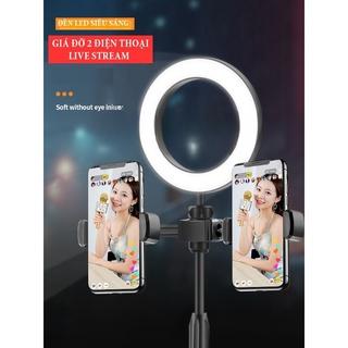 Đèn Livestream 3 in 1 Tích Hợp Giá Đỡ 2 Điện Thoại Có 3 Chế Độ Sáng, Kẹp Điện Thoại Để Bàn Quay Video Có Đèn Led 3 Màu