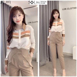 Áo sơ mi nữ màu Be Mix Cam viền Nâu dài tay, chất vải mát, dễ phối đồ Liin Clothing SM3182