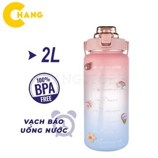 Bình Nước 2 Lít Có Vạch Kẻ Chia Giờ Cho Mỗi Ngày Kèm Ống Hút Tiện Lợi