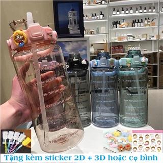 Bình Nước 2 Lít Chia Vạch Báo Giờ Dễ Thương, Bình Nước Thể Thao Có Ống Hút và Sticker Tặng Kèm Cute