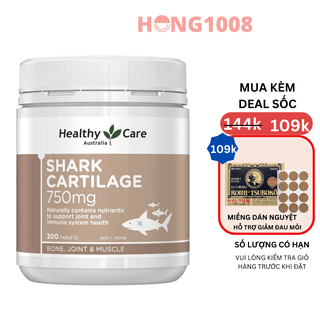 Viên uống Shark Cartilage 750mg Sụn Vi Cá Mập Healthy Care 200 viên - Hỗ trợ xương khớp