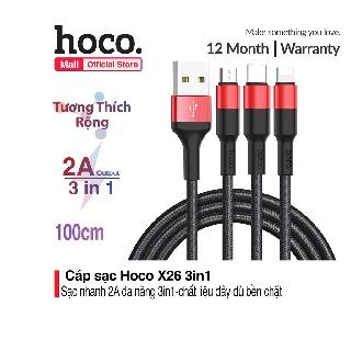 Cáp sạc Hoco X26 3 đầu đa năng Lightning - Micro - Type C dài 1m dây dù siêu bền