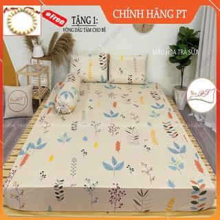 Bộ ga chống thấm cho bé chính hãng PT kèm vỏ gối, chất liệu cotton cao cấp, chống thấm nước tuyệt đối (Mẫu hoa trà sữa)