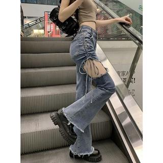 Quần Jeans Rách Lưng Cao Dáng Ôm Phối Dây Rút Phong Cách Retro Thời Trang Cho Nữ