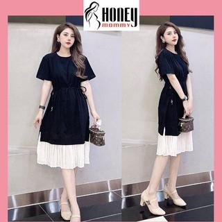 Đầm Bầu Váy Bầu Mùa Hè Cộc Tay Chất Thun Cotton Dây Rút Eo Phối Chân Váy Trắng HD2632 Honey Mommy