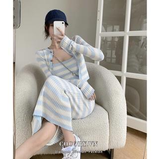 Cocory vn  Set áo cardigan tay dài chống nắng kẻ sọc + đầm 2 dây dáng ôm thời trang quyến rũ cho nữ