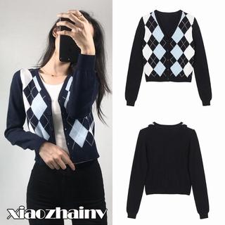 Xiaozhainv Áo Khoác Cardigan Dệt Kim Cổ Chữ V Tay Dài Dáng Ngắn Họa Tiết Hình Thoi Màu Phong Cách Âu Mỹ Thời Trang Cho Bạn Nữ