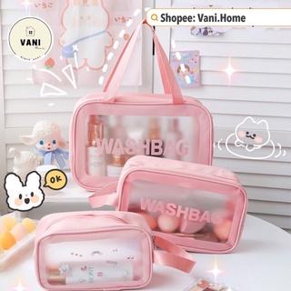 Set 3 túi trong suốt đựng mỹ phẩm, đồ trang điểm du lịch - Bộ 3 túi du lịch WASHBAG hồng chống thấm nước nhiều kích cỡ