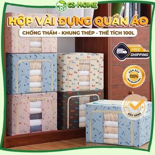 Hộp vải đựng quần áo khung thép CSHome giỏ thùng đựng đồ đa năng gấp gọn khóa kéo cất chăn màn đồ lót có nắp kt lớn 100L