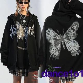 Áo khoác hoodie có khóa kéo tay dài dáng rộng in họa tiết bươm bướm phong cách gothic thời trang dành cho nữ