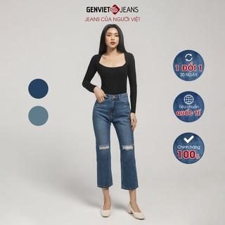 Quần Jeans Nữ Dáng Dài Ống Vảy Rách Gối GENVIET JEANS Loe Nhẹ Cạp Cao XQ124J1298