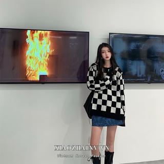 Xiaozhainv Áo Sweater dệt kim dáng rộng dài tay phối sọc caro phong cách retro nữ tính