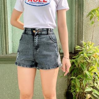 Quần short jean nữ BigSize lưng cao trên rốn, co dãn mạnh, lai cuốn, màu xám rách dành cho người mập 2639