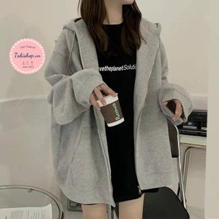 Áo khoác hoodie form rộng cho nữ TABISHOP áo hoodie zip nỉ bông trơn màu xám phong cách ulzzang unisex mặc thu đông